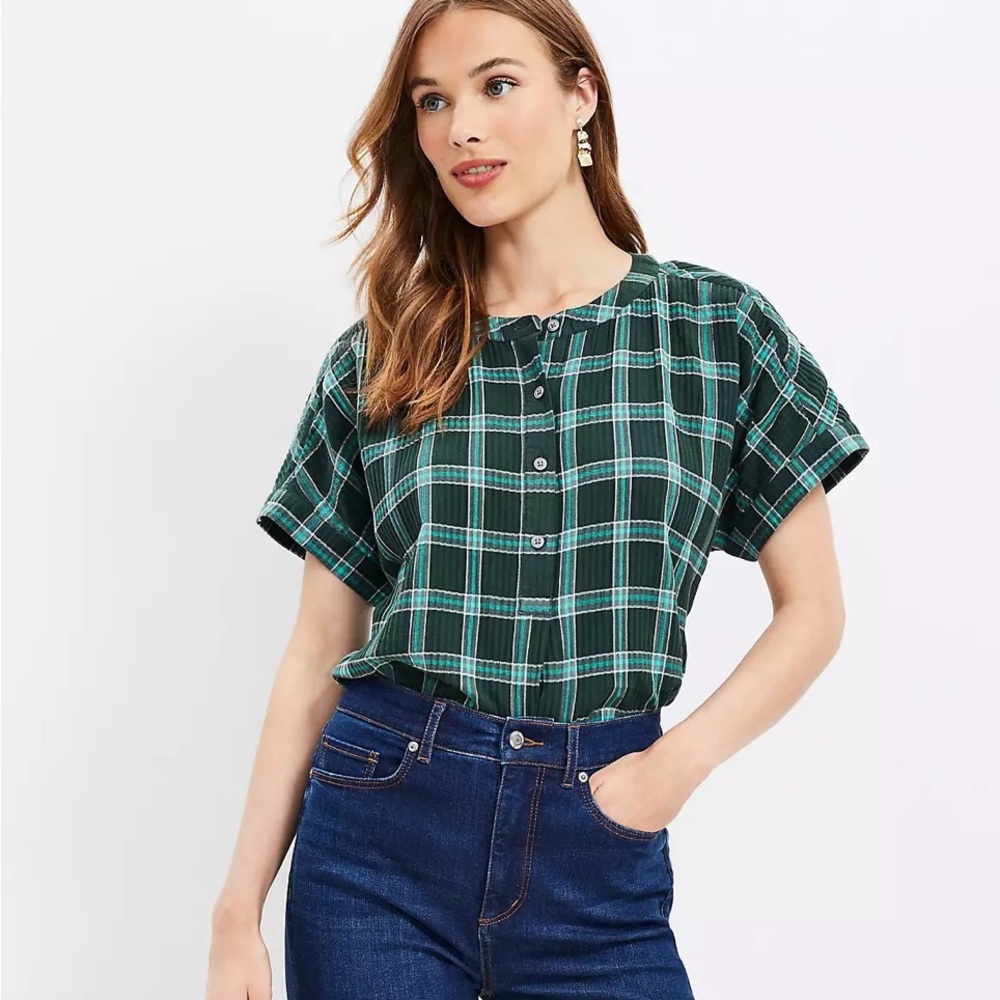LOFT Plaid Dolman Henley Everyday Shirt
